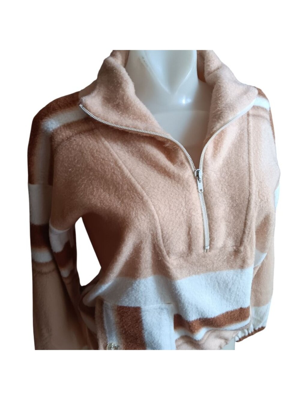 True Vintage Fleece Pullover Medium 1970's Peach White Striped Half-Zip Boho